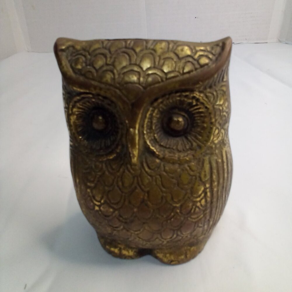 Vintage Brass Owl Coin Bank Ornate Details 4.5" Tall